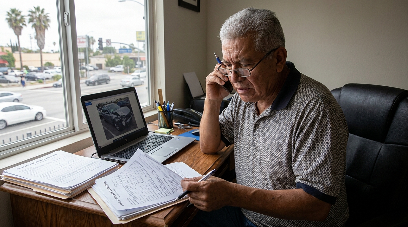 Víctima latina revisando una reclamación por atropello con fuga en Los Ángeles
