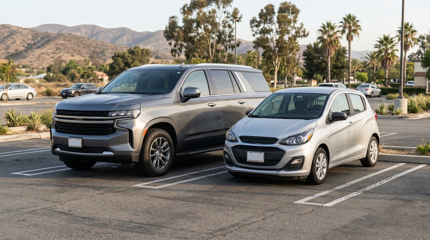 Diferencia de tamaño y altura entre un SUV y un automóvil compacto en California