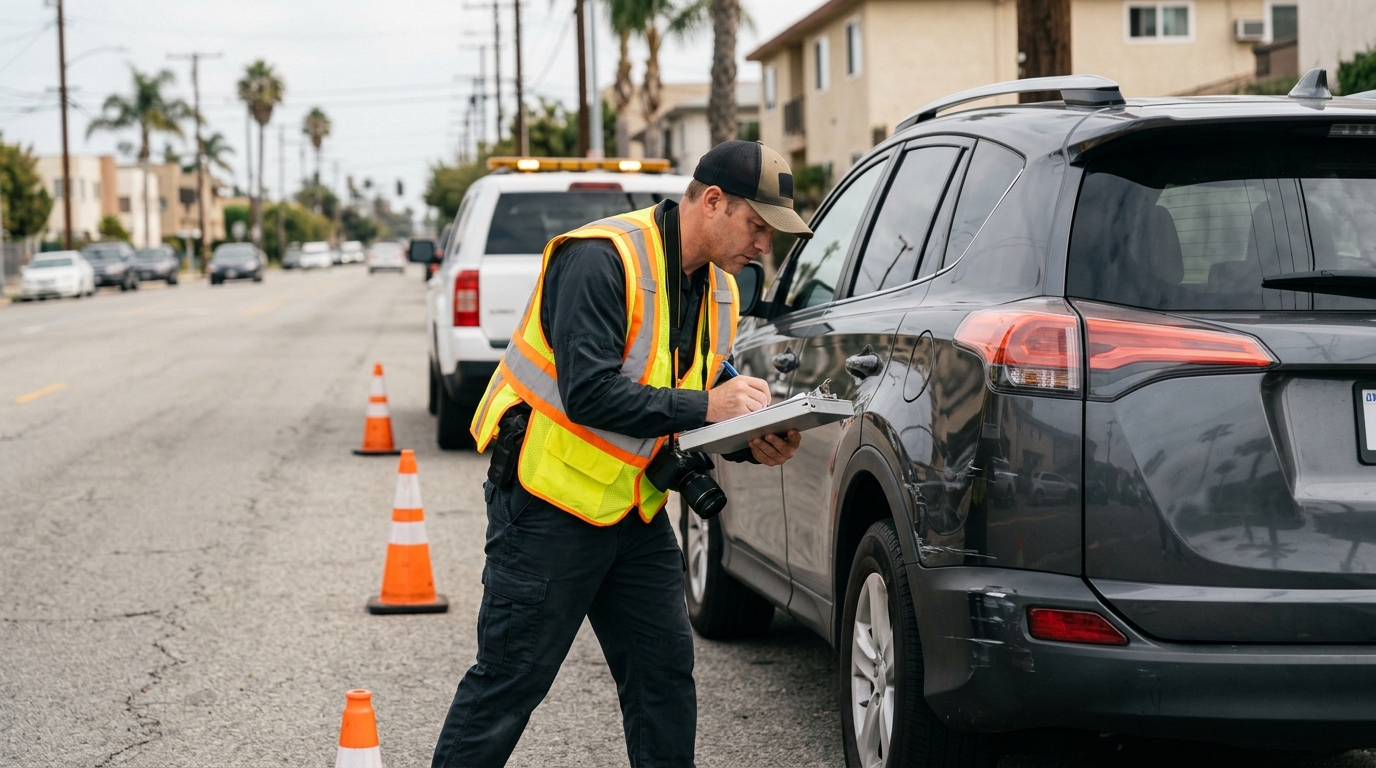 Investigador documentando evidencias después de un accidente con SUV en California