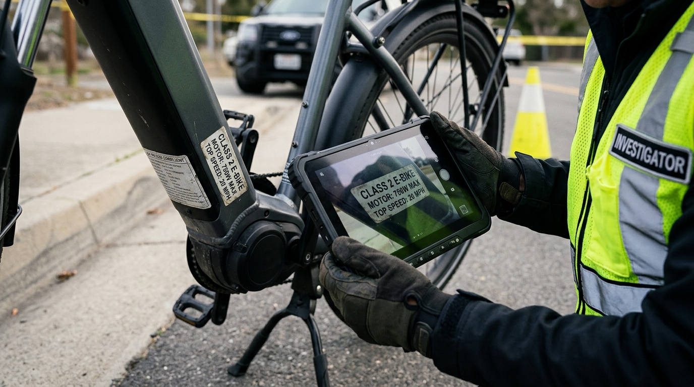 Investigador revisando la clasificación y potencia de una e-bike después de un accidente