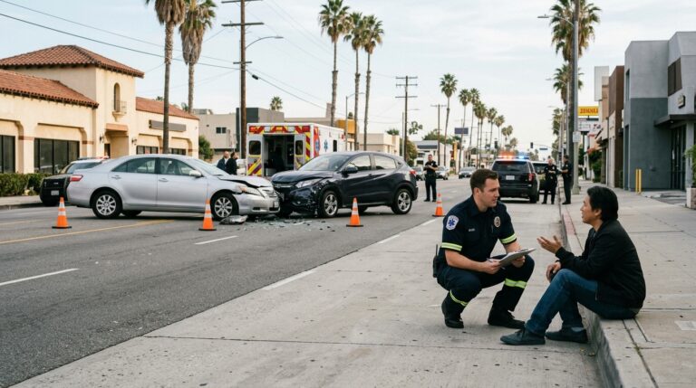 Pasajero recibiendo asistencia después de un accidente automovilístico en Los Ángeles